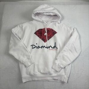 Y2K Diamond Supply White Pullover Fleece LS Hoodie Roses Men's Medium